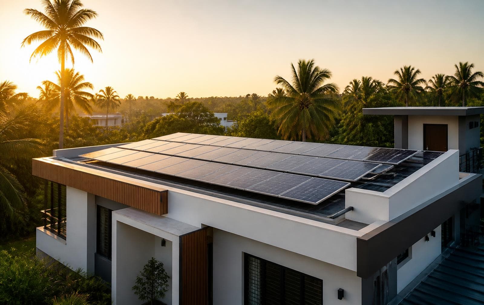 Rooftop solar panels on a modern Kerala home at sunset